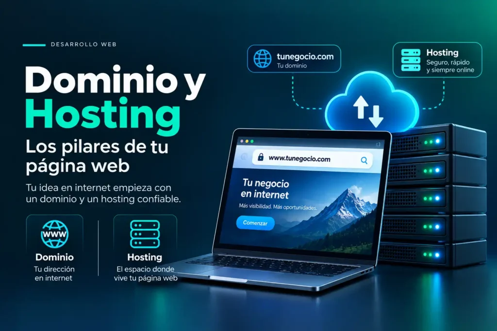 Ilustración de dominio y hosting para una página web, con una computadora portátil, servidores y una nube digital.