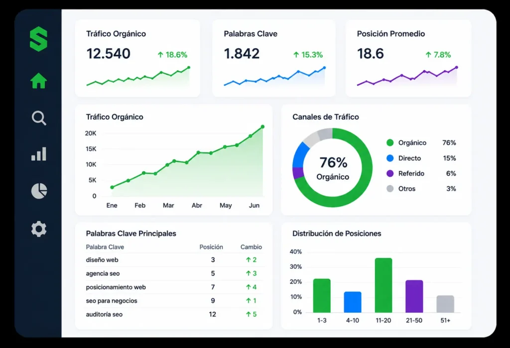 Dashboard de análisis SEO con tráfico y palabras clave
